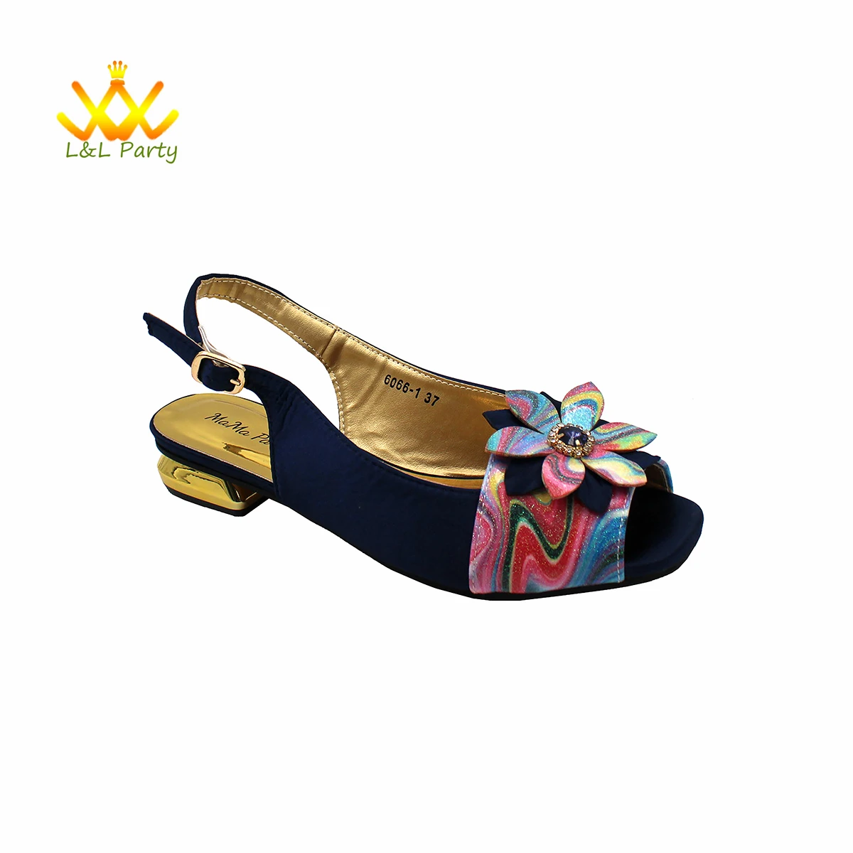 Dark Blue Wimen Sandal Decorate with Flower Shoes Matching Bag Set For Mature Ladies Royal Wedding Party
