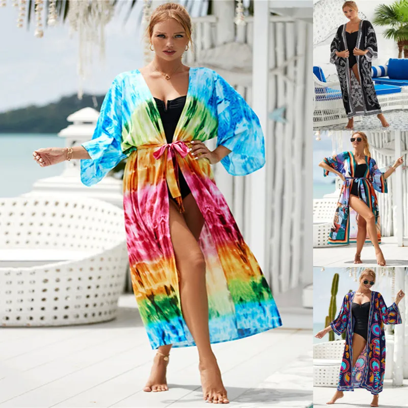 

17 Colors Boho Bikini Cover-ups Retro Long Kimono Beach Dress Tunic Women Clothing Beach Wear Swim Suit Cover Up Robe De Plage