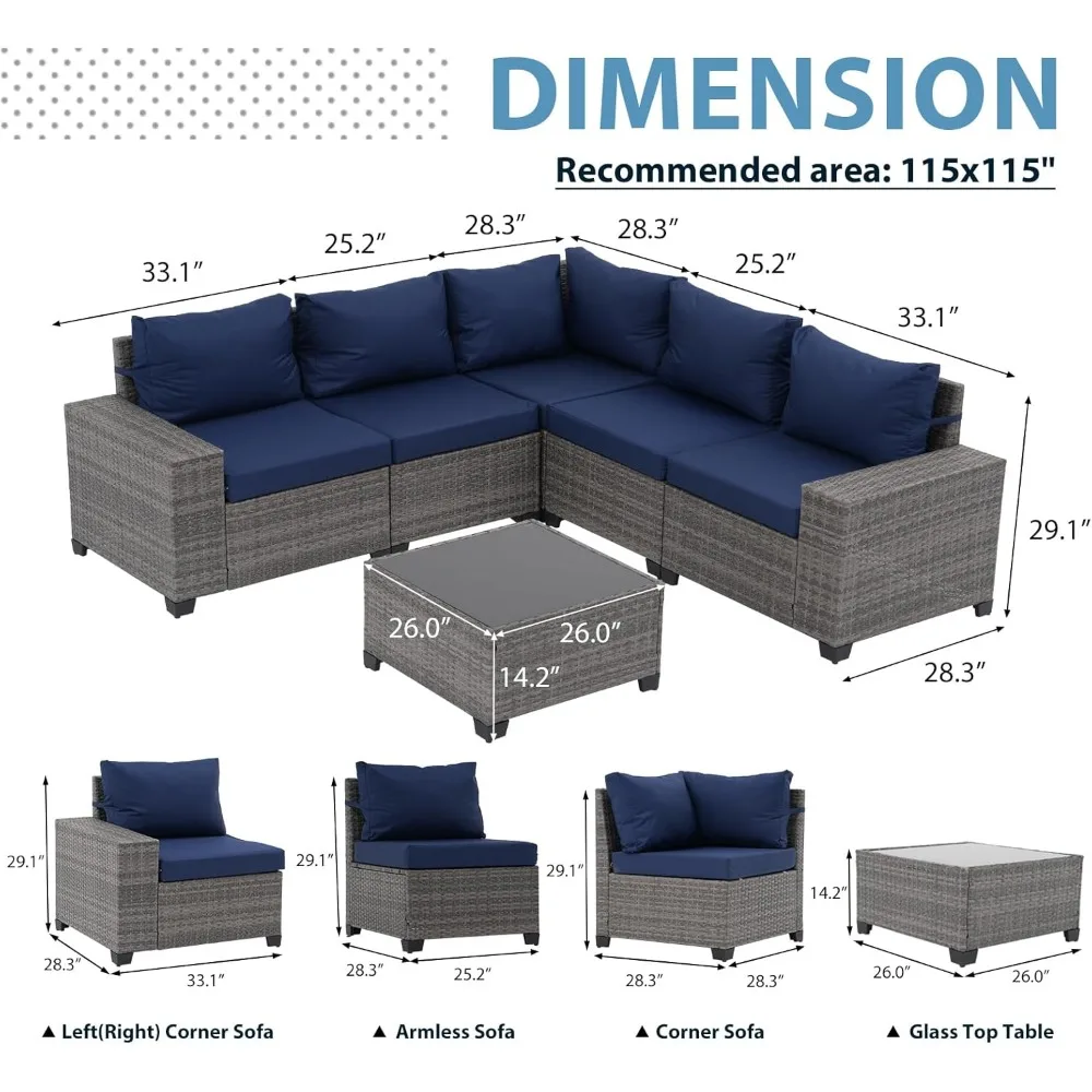 6 Pieces Outdoor Patio Furniture Set, Rattan Patio Sectional Sofa Conversation Set with Coffee Table,PE Wicker L-Shaped Sofa Set 6