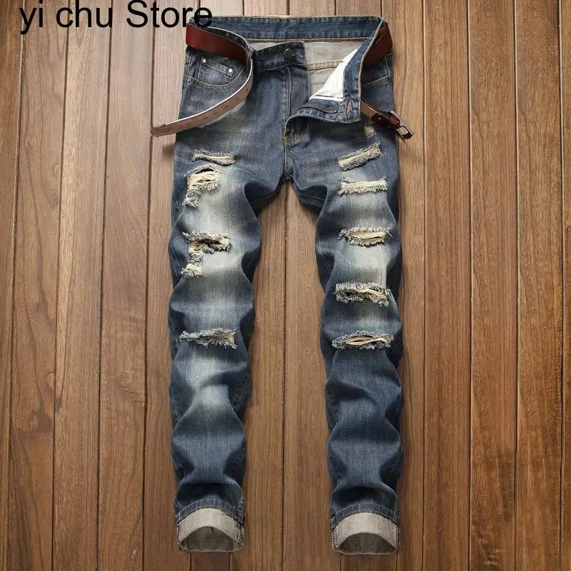 New Slim-fit Denim Pants Men's Trousers Nostalgic Torn Ripped Jeans Fashion Straight Men Hip Hop Beggars Male Hole Light Blue