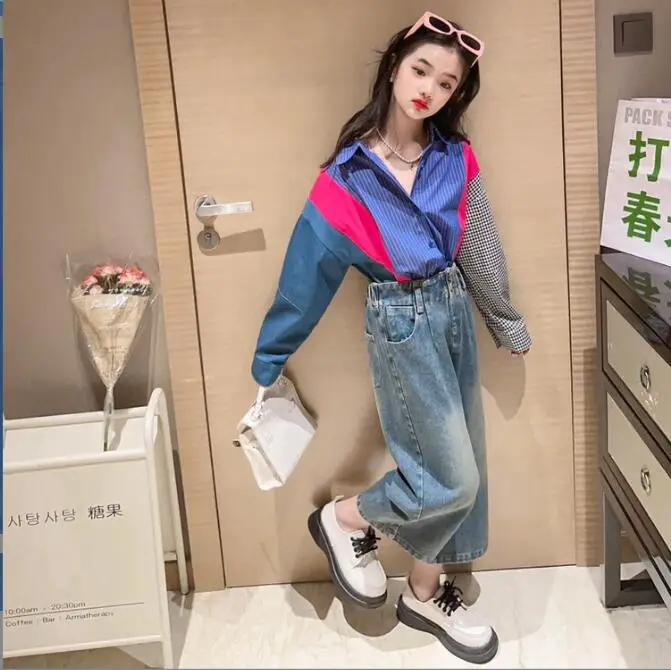 Korea style girls patchwork shirt full sleeve fashion spring girls blouse 4-12t F404 kids shirts