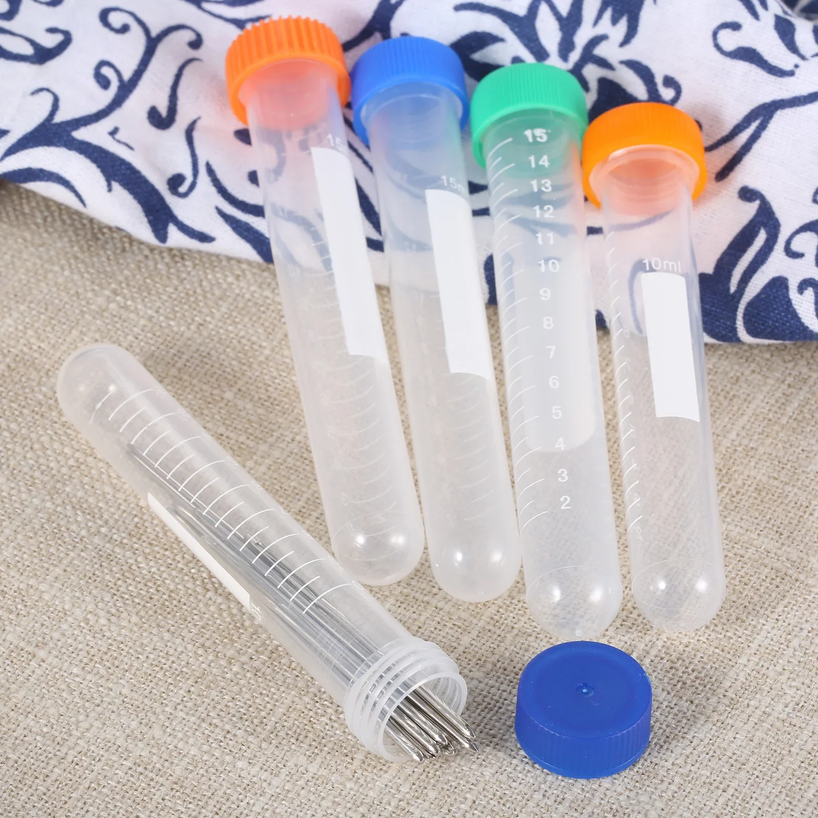 Clear Sewing Needles Storage Tube Plastic Pin Bottle with Scale Beads Button Container Box Holder Colorful Cap 5pcs/set