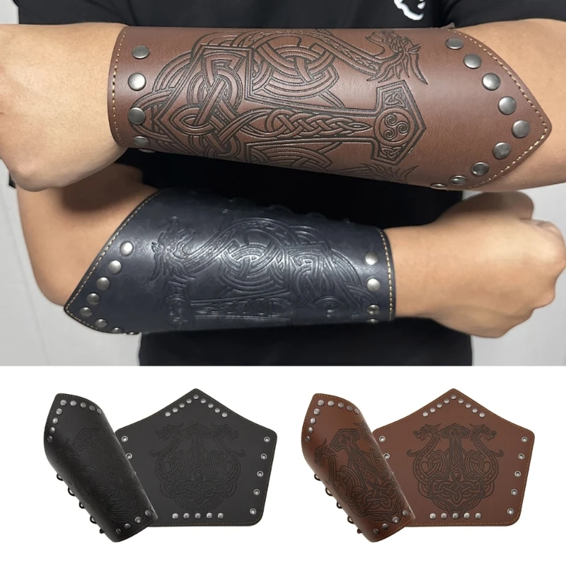 

Halloween Gothic Wrist Bracers with Embossed Pattern Punk Pirate Knights PU Lace Up Wristband