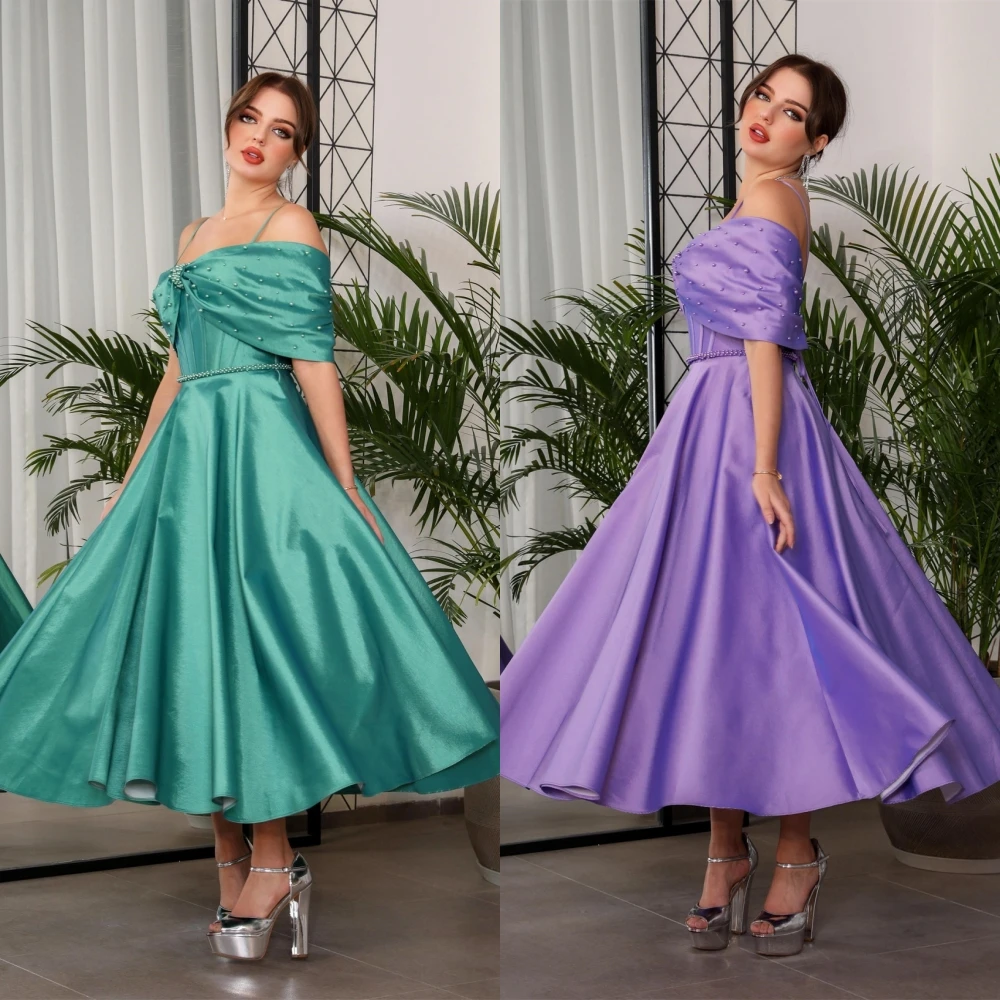 High Quality Sparkle Exquisite Satin Beading Draped Pleat Valentine's Day A-line Off-the-shoulder Bespoke Occasion Gown
