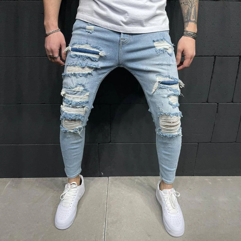 best jeans for men 2022 Streetwear Ankle Zipper Slim Skinny Stretch Denim Pencil Pants Trousers Blue  Men's Side Stripe Big Holes Ripped Jeans bootcut jeans men