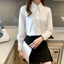 

Women Shirt Pointed Collar 2022 Spring Long-sleeved Satin Fabric Dropped Fashion Design Shirt Solid White Blouse Button Up Top