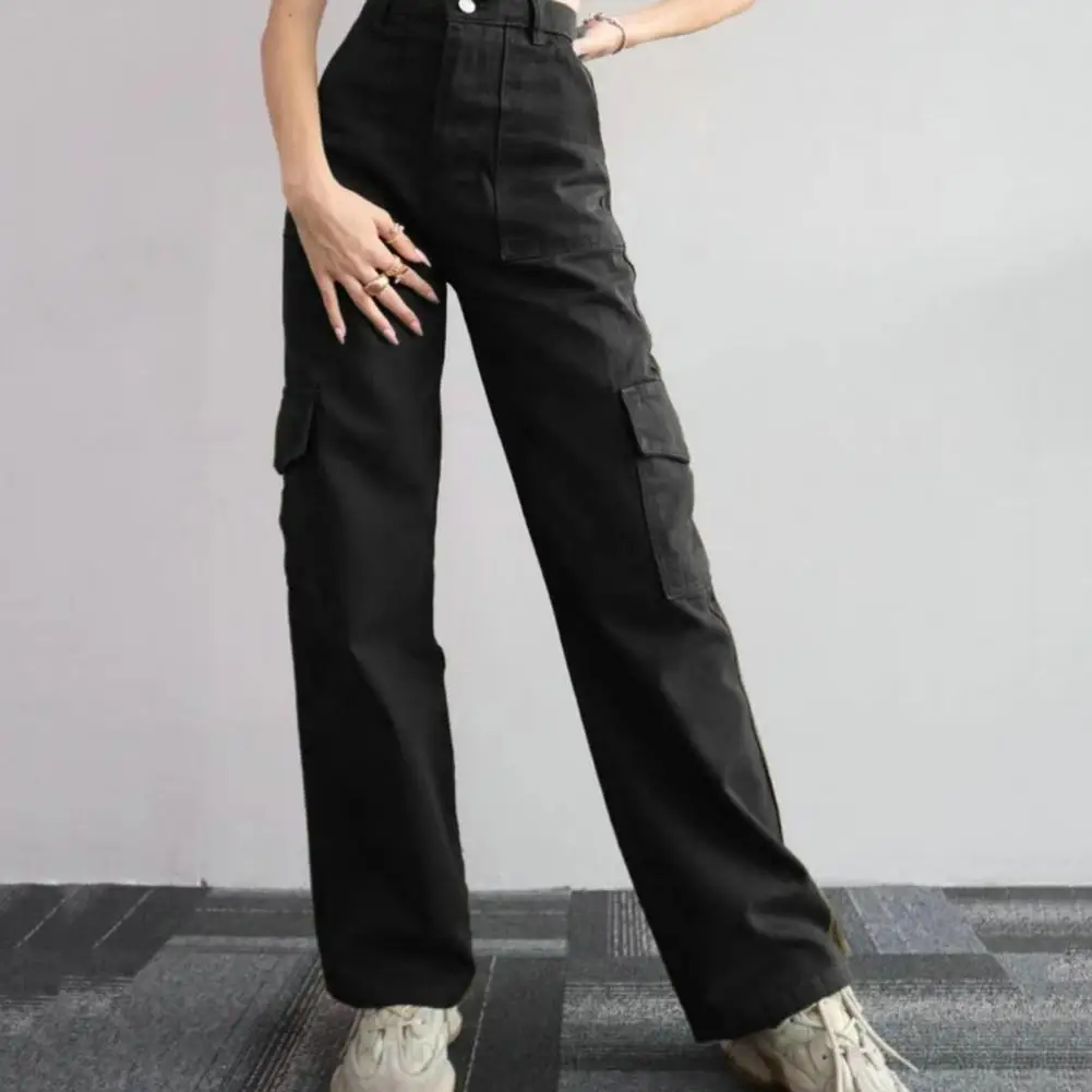 

Button Zipper Closure Pants Stylish Women's Cargo Pants with High Waist Multiple Pockets Wide Leg Design for Streetwear Fashion