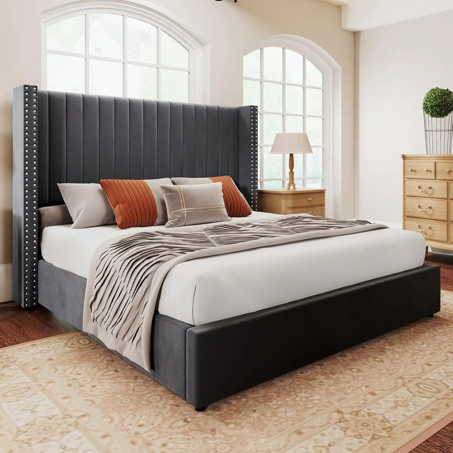 Lift up Storage Bed Frame Queen Size,Upholstered Platform Bed Velvet with Channel Tufted Wingback Headboard,No Box Spring Needed 3