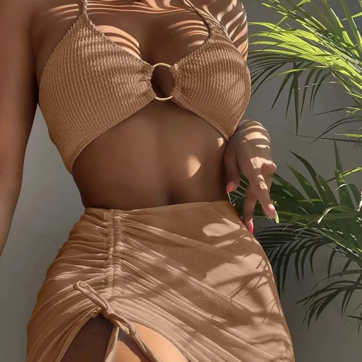 

Новый высокоэластичный комплект бикини для лета 2023, пикантный женский купальник из трех предметов сплошного цвета на шнуровке, пляжный купальный костюм, купальник