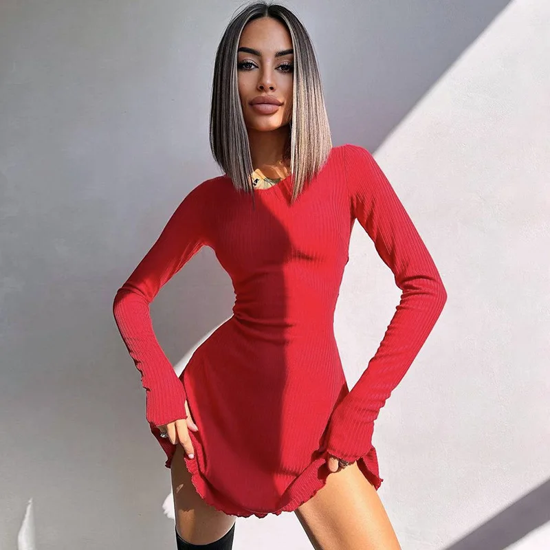 Bandage Ruffled High Waist Mini Dress For Women Long Sleeve Fashion Lace-Up Solid Patchwork Autumn 2025 Bodycon Dress New