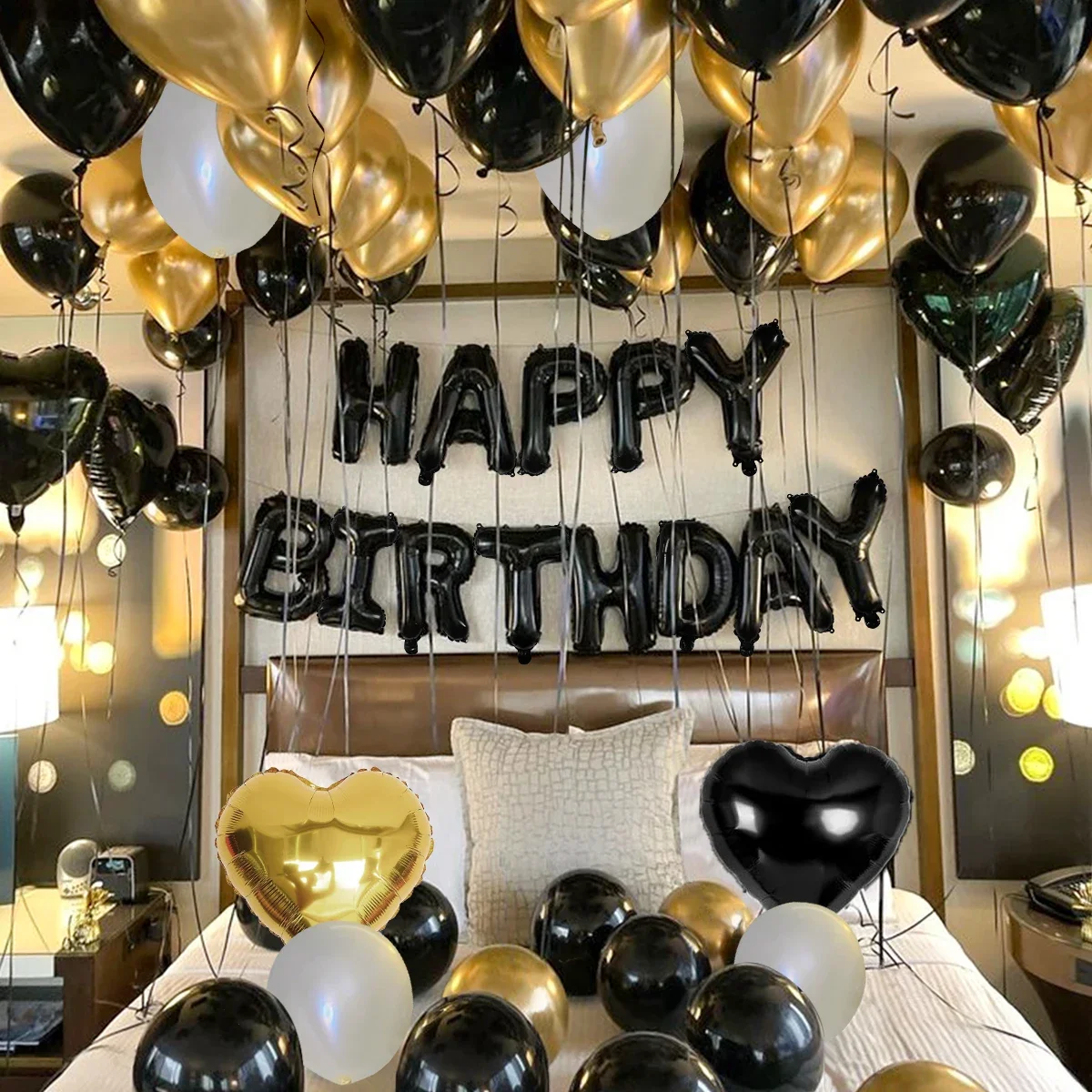 42-teiliges schwarzes und goldenes Geburtstagsbrief-Ballon-Set, Liebesherz-Luftballons, Geburtstagsfeier, Partyszene, Dekorationen, Glücklicher Geburtstag