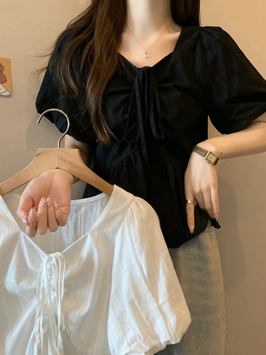 루즈핏 v 넥 풀오버 셔츠 반소매 드로스트링 탑 트렌디 솔리드 컬러 여름 패션 여성 플러스 사이즈 디자인 센스