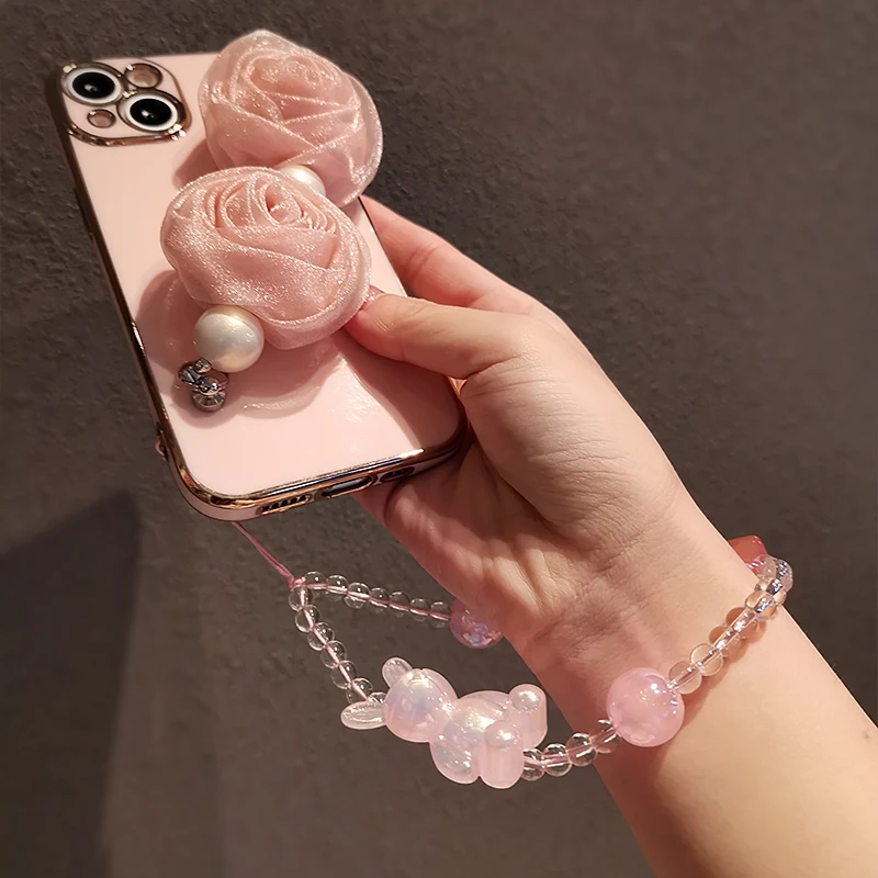 Short Hand-beaded Wrist Pendant Mobile Phone Lanyard Personality Pendant Cartoon Rabbit Rhinestone Bead Pendant Anti-lost Sling