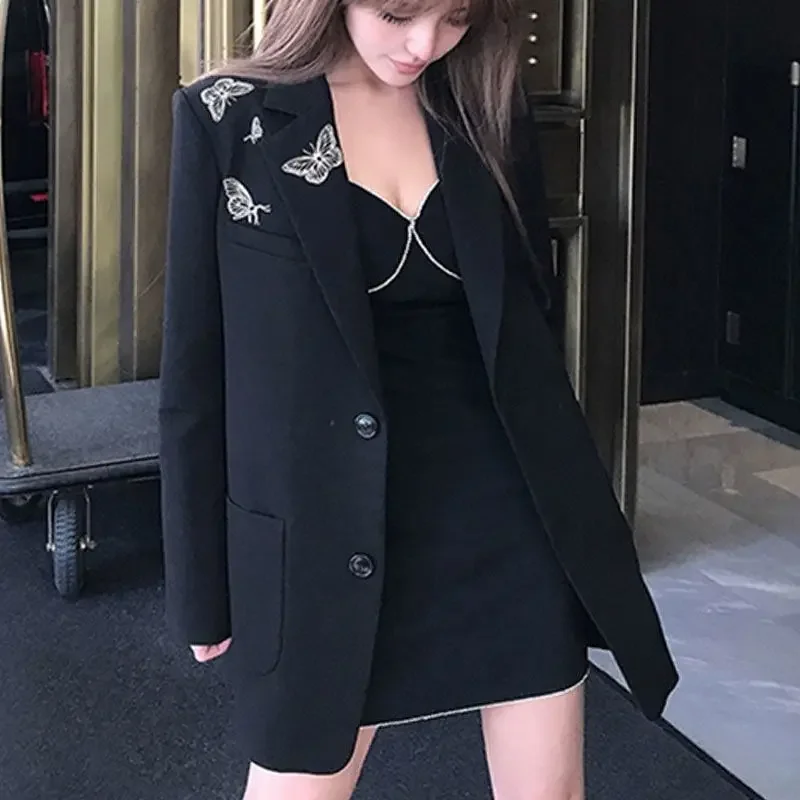 2023 Black Solid Elegant Temperament Vintage Blazer Coat Loose Jacket Streetwear Y2k Aesthetic Bufferfly Harajuku Women Jackets