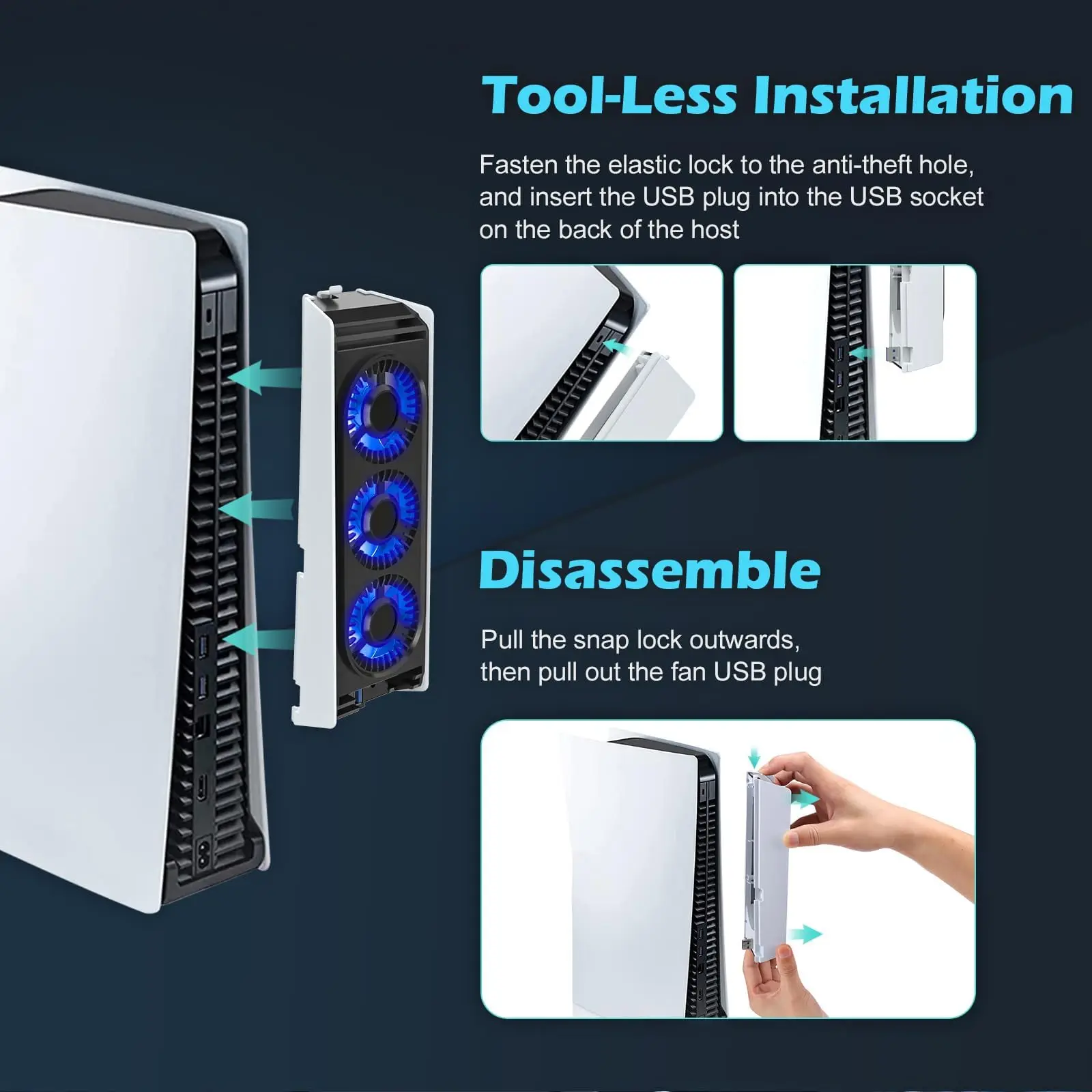 High Performance Horizontal Cooling Fan for PS5,Quiet Cooler Fan with LED Light and USB3.0 Hubs for PS5 Disc and Digital Edition