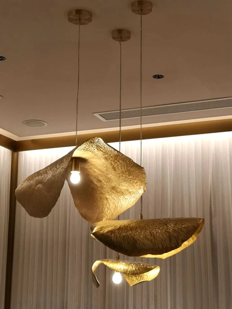 Nordic Leaf Pendant Lamp Copper Chandelier Creative Living Dining Bar Kitchen Island Lanterns LED Curved Pendant Light
