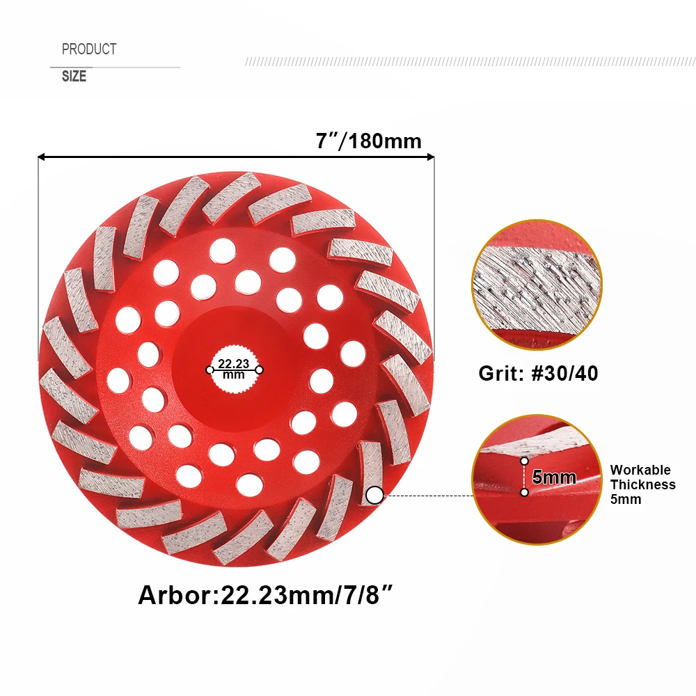 SHDIATOOL 1pc 7"/Diameter180mm Segmented Turbo Diamond Grinding Cup Wheel Diamond Grinding Plate Concrete Stone Granite Masonry