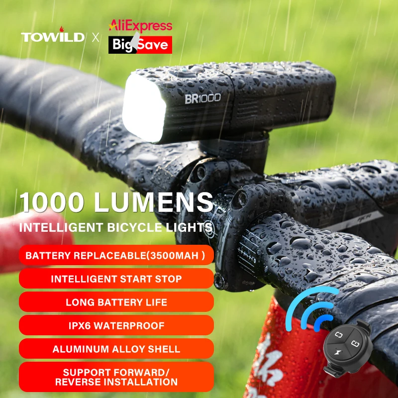 TOWILD Luce per bicicletta 1000LM 3500mAh Batteria sostituibile