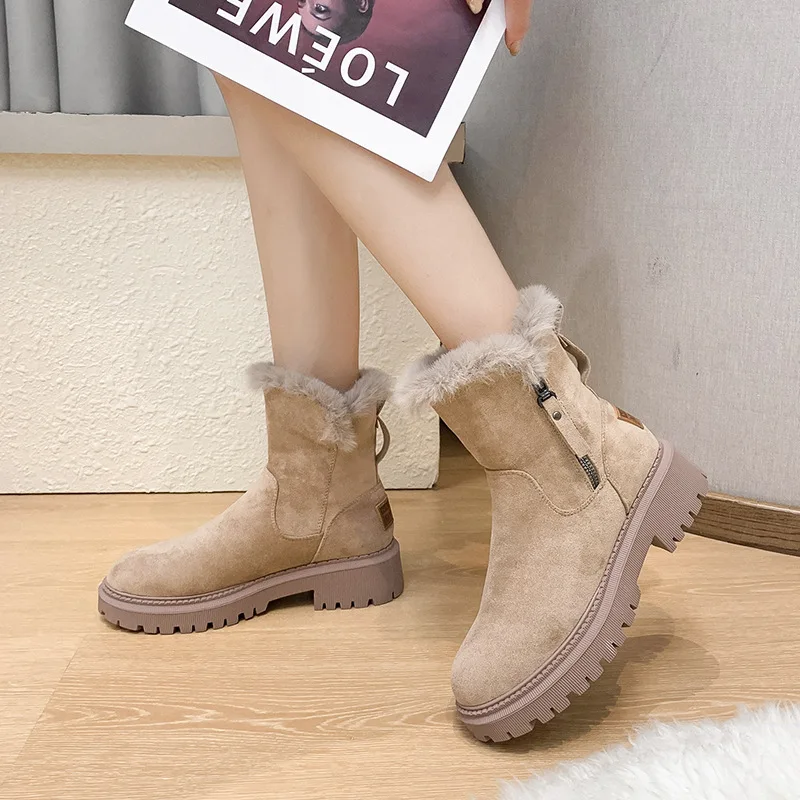 

2024 Women's Snow Boots Winter Mid-Tube Plus Velvet Thickened Warm Cotton Shoes Fur Integrated Fashion Platform Female Booties