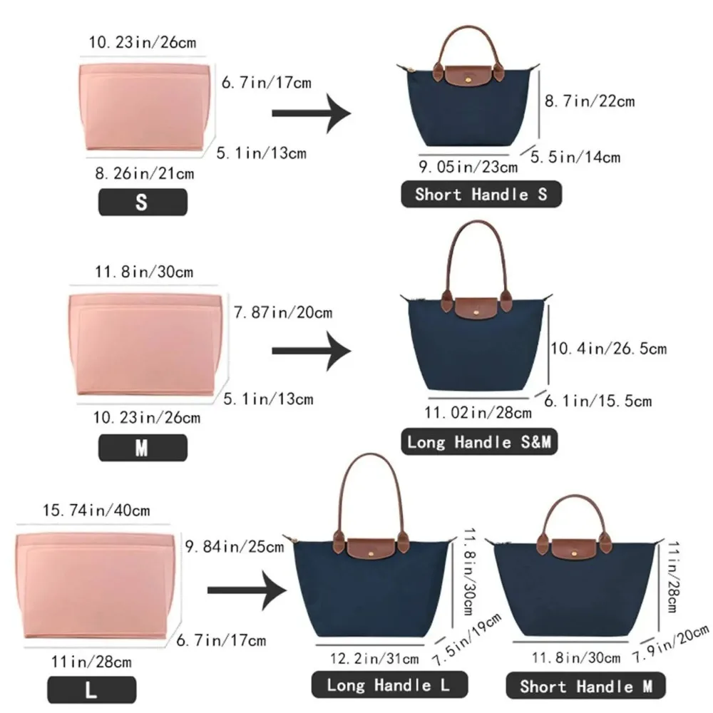 Felt Insert Bag Fits Longchamp Handbag Liner Bag Felt Cloth Makeup Support Travel Portable purse organizer insert