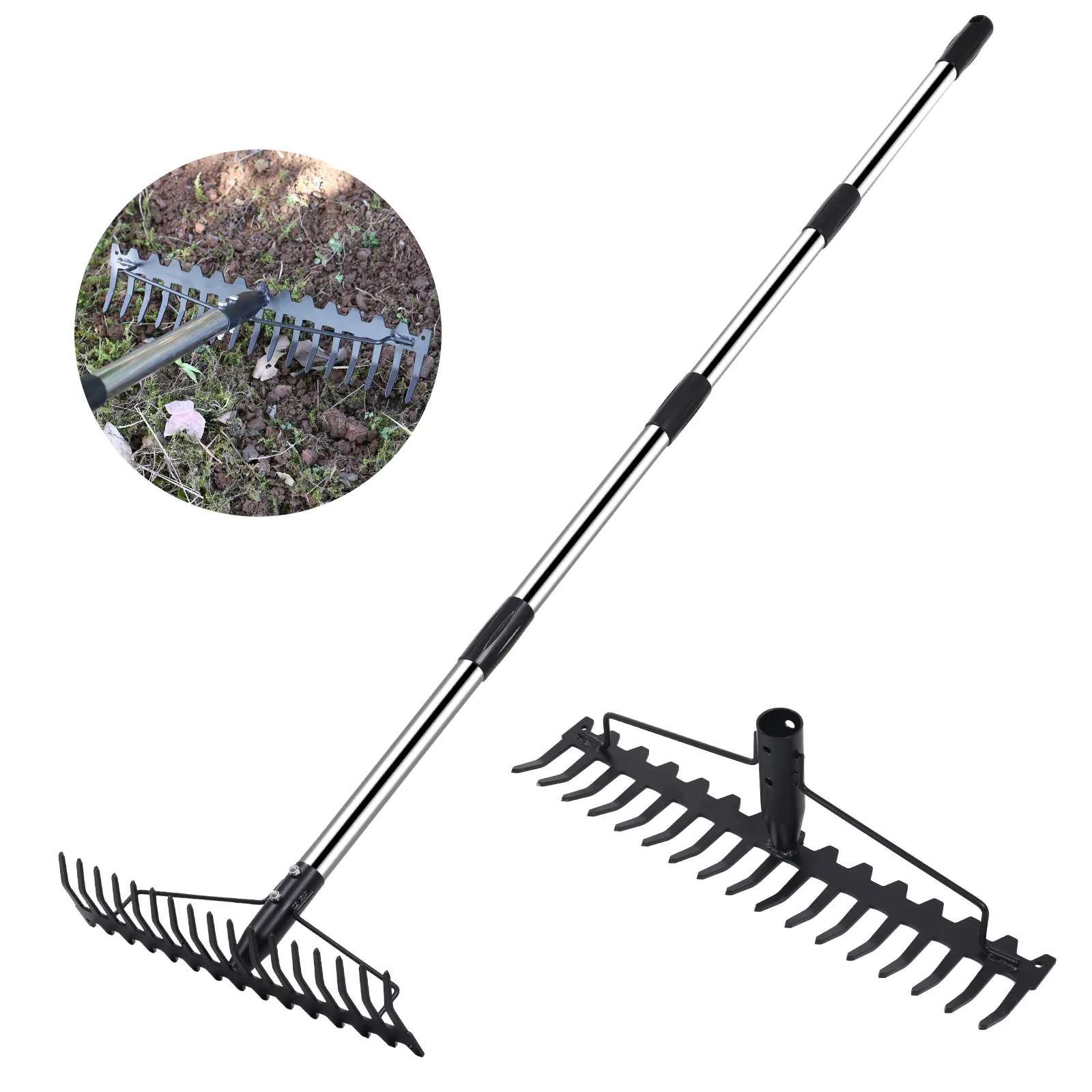 Stainless Steel Garden Rake Adjustable Handle Garden Tool for Cleaning Weeds and Loose Soil Agricultural Rake Accessories