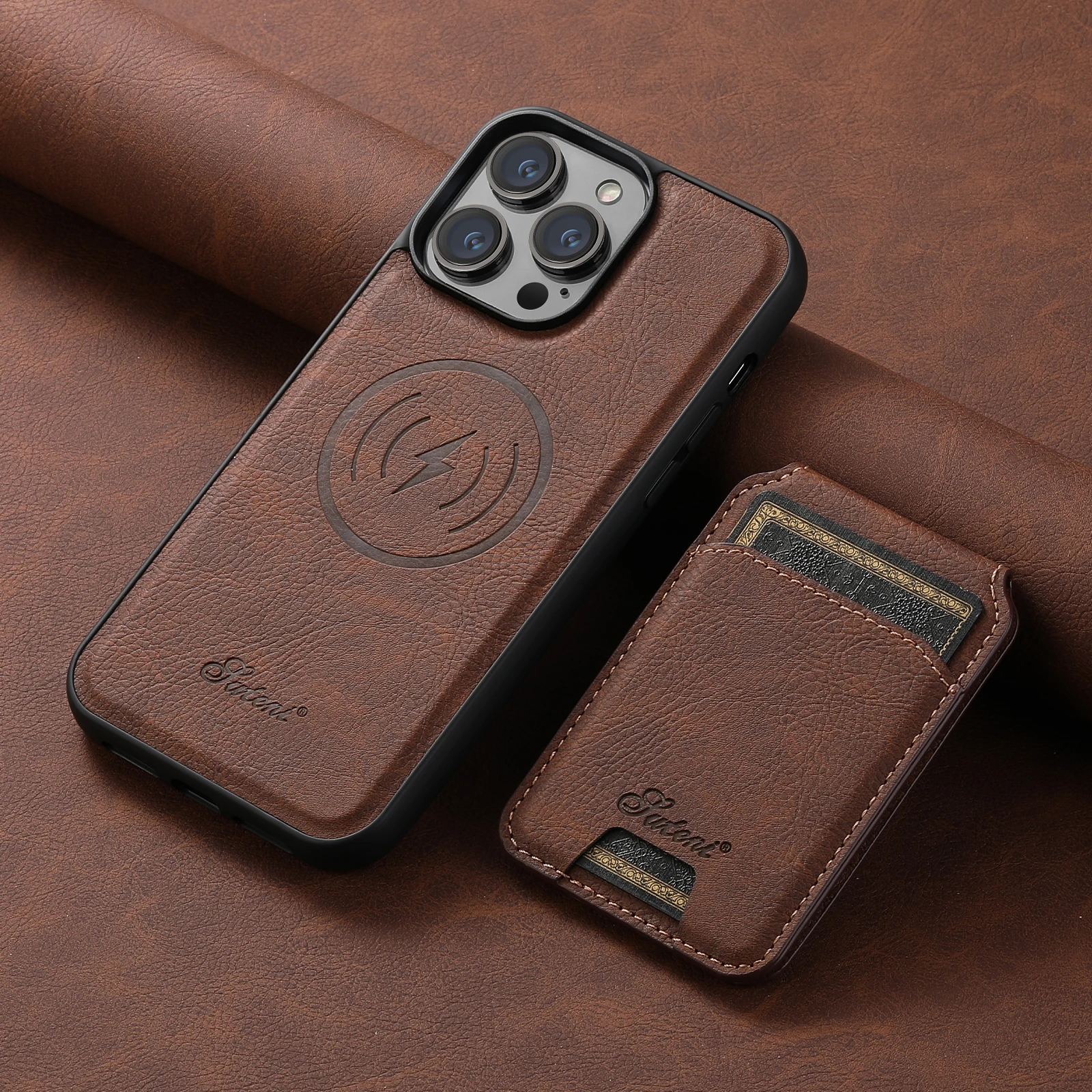 Magnetic magsafe card holder 2 in 1 leather phone case for iphone 15 14