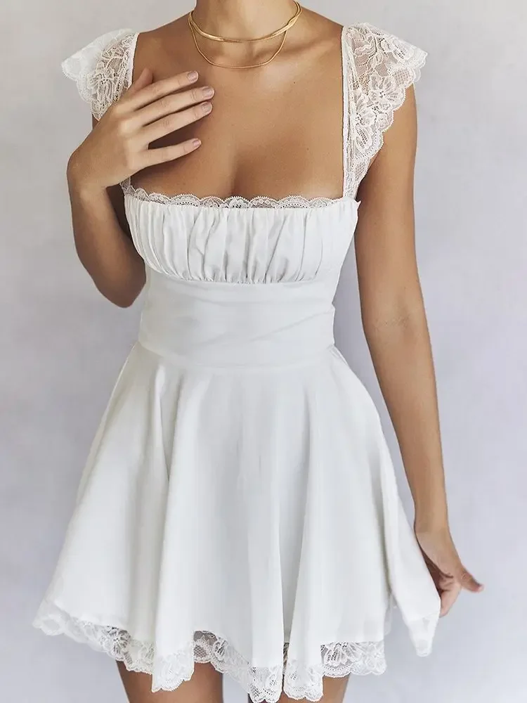 

2023 Summer Elegant White Lace Strap Mini Dress For Women Fashion Sleeveless Backless Loose Sexy Short Dresses Pure Color