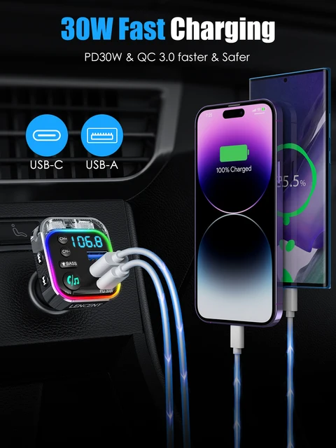  LENCENT PD 30W Bluetooth FM Transmitter,Bluetooth car Adapter  with QC3.0 Fast Charger,Hi-Fi Music/Clear Calling car FM Bluetooth  Adapter,【Color Light】 : Electronics