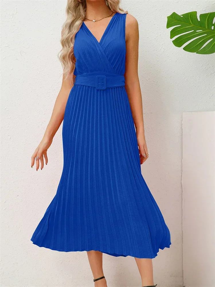 

2024 Elegant Women Long Pleated Party Dress with Belt Sleeveless V Neck Solid Office Casual Tunic Midi Evening Ladies Dresses