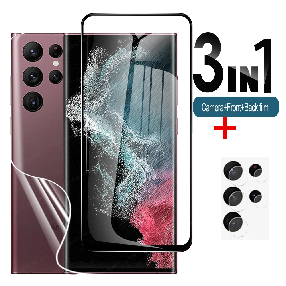 3 In 1 9H Protective Glass For Samsung S22 Ultra 5G Back Cover For Galaxy S22Ultra5G S22Ultra 5G Black Border Tempered Glass