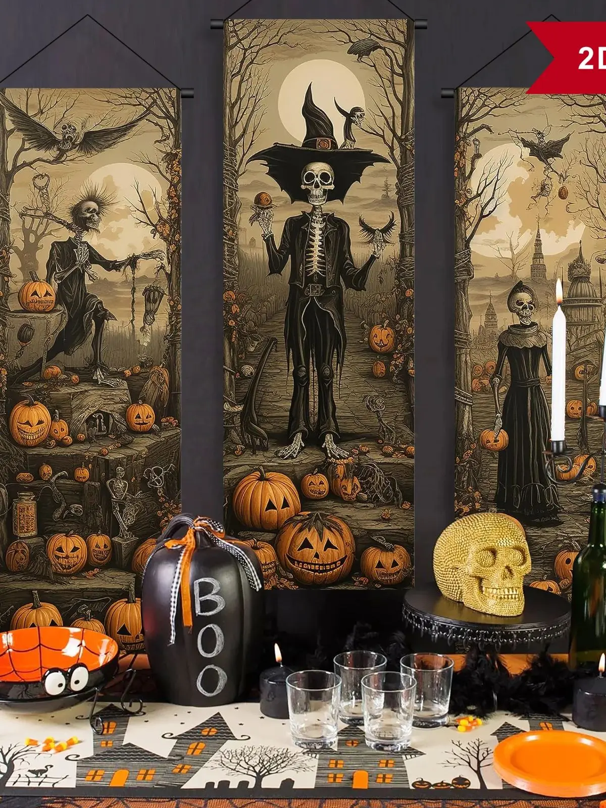 3-teiliges Halloween-Dekorations-Banner, gruselige männliche und weibliche Skelett-Kürbisse, Wanddekoration, Horror-Poster für drinnen und draußen, zum Aufhängen – Detail 1