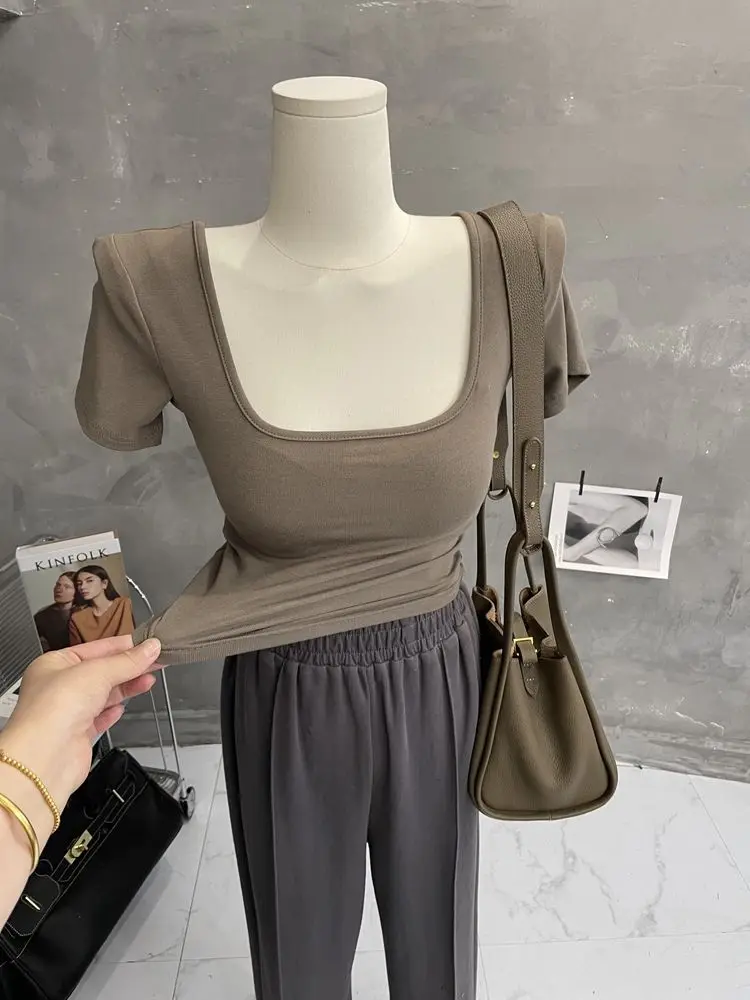 

BEENLE Square Collar Short Sleeve T-shirt Woman Tight Blouses Short Korean Fashion Top Solid Thin Leggings Bottoming Shirt