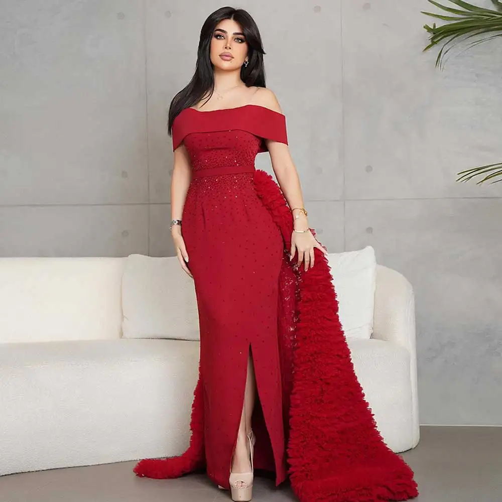 

Red Sheath Prom Gown Off Shoulder With Crystal Front Slit Illusion Strap Fashion Women's Formal Occasion Evening Dress