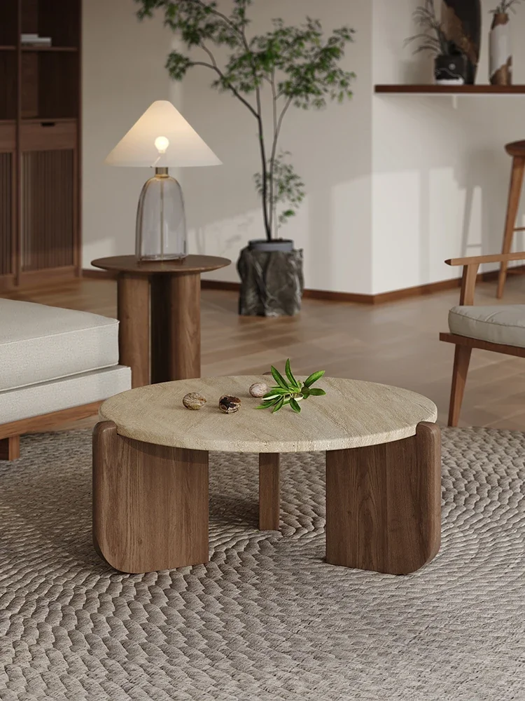 

Ji Ji feng solid wood cave stone coffee table minimalist small tea table small apartment living room household round