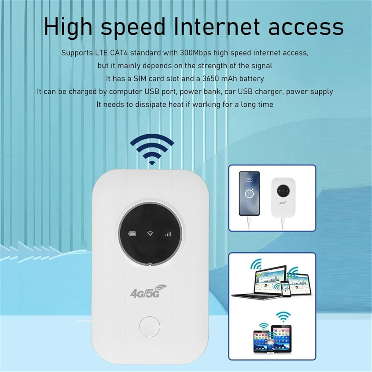 ABQR LTE 4G 5G Modem Router, 300Mbps Hotspot Up to 10 Devices, SIM Card Slot, 2100mAh Battery, for Travel, Business Trip - 3