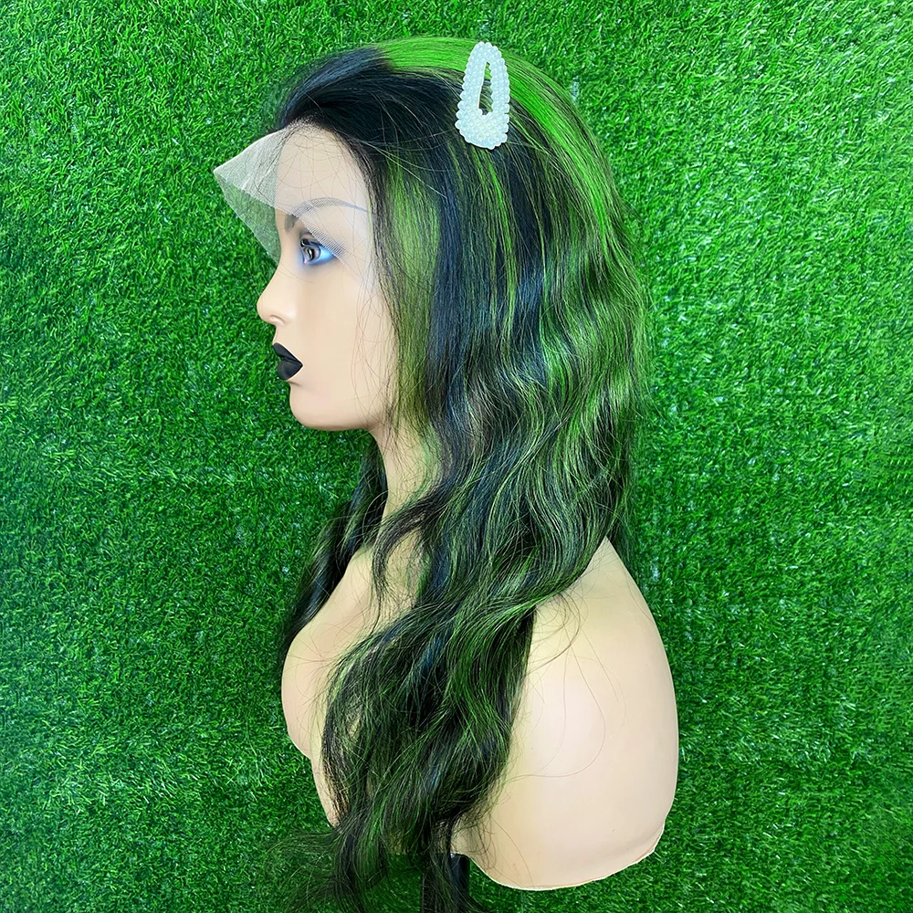 Highlight  Black With Green 13x6 Transparent Lace Frontal Wigs Human Hair Wig For Women Brazilian  Hair Glueless Full Lace Wigs