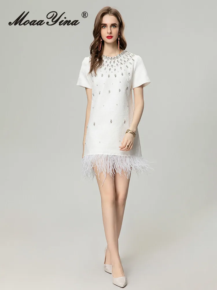 

MoaaYina Fashion Designer Dress Spring Women's Dress Elegant Embroidered Flares Tassel Hem O-Neck Short Sleeve Mini Dresses