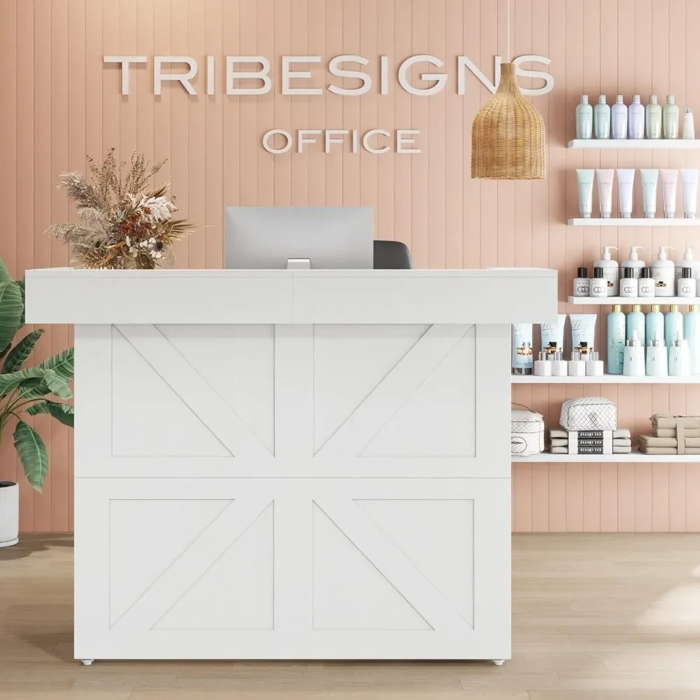 Reception Desk with Light, 55-Inch Front Desk with Cable Grommets, Modern Retail Counter Table for Salon, Lobby, Shop 3