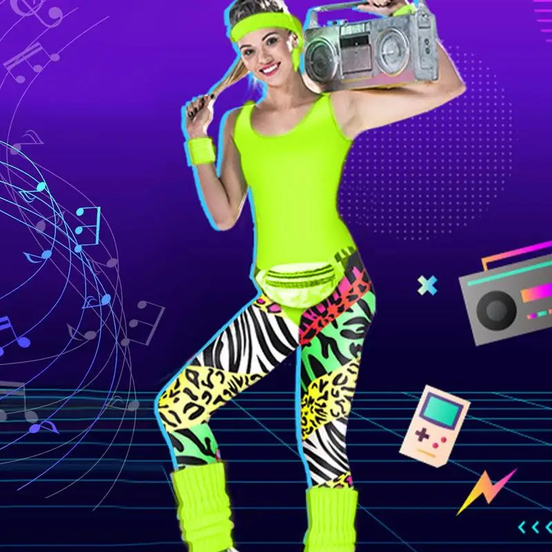 80s Workout Clothing Set 80s Party Costumes For Women Dance Party Leggings Leg Warmers Fanny Pack Earrings Headband Accessories