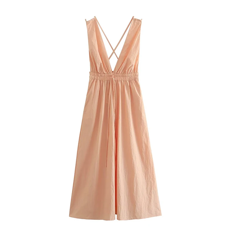 

Летнее женское сексуальное платье миди с открытой спиной и глубоким V-образным вырезом из нейлона