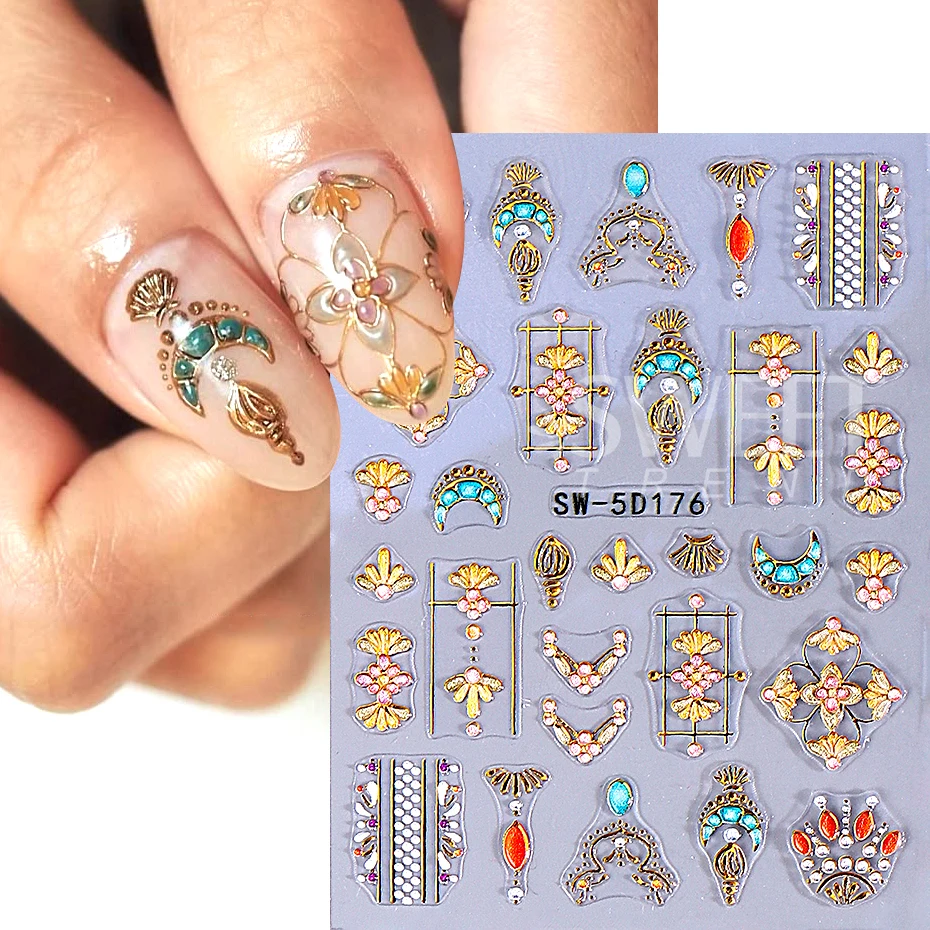 5D Moon Star Flower Nail Art Stickers Decoration Bohemian Style Sun Gem Line Pattern Decal DIY Manicure Sliders Nail Supplies