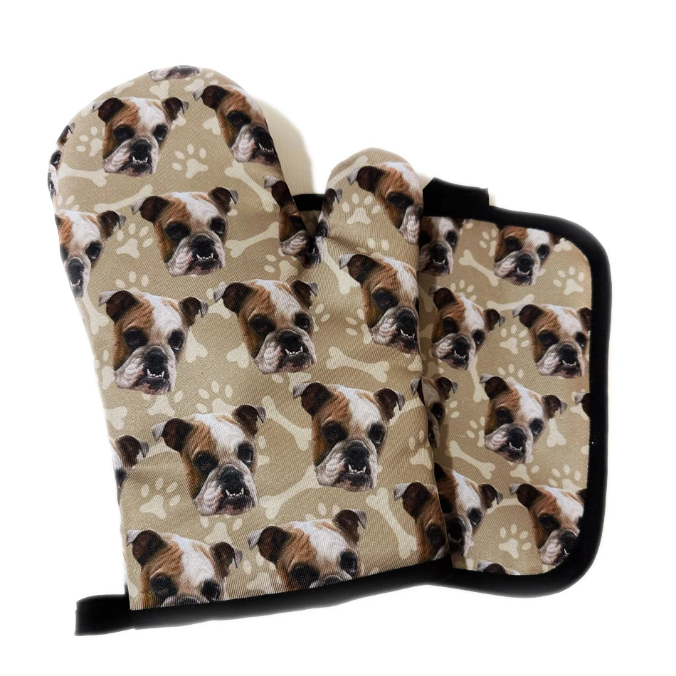 Kitchen Pet Print Microwave Oven Mitts Glove Dog Insulated Gloves Baking Apron Christmas Potholder Cooking Tool