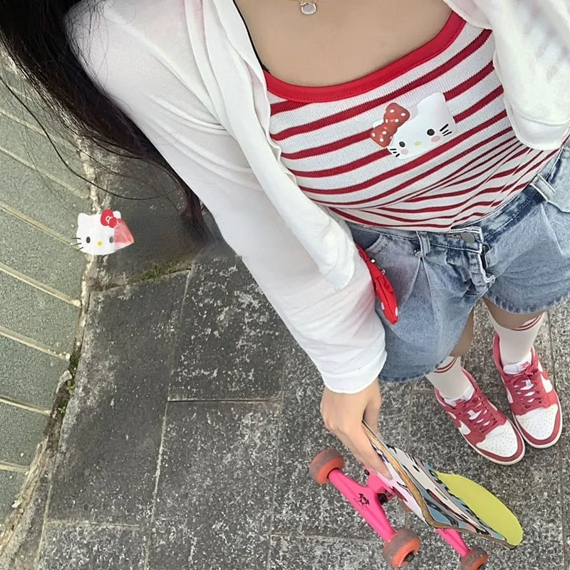 Summer Japan Style Soft Girl Suspender Sanrio Hello Kitty Graphic Sexy Vest Bottomed Student Fashion Striped Tank Tops Y2k Women