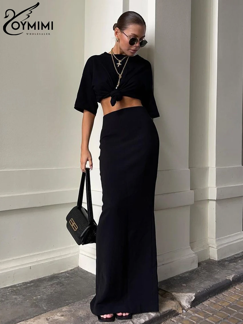 Oymimi Fashion Slim Black Rayon Skirts For Woman Elegant High Waist Long Skirt Casual Simple Skirt Female Clothing Streetwear