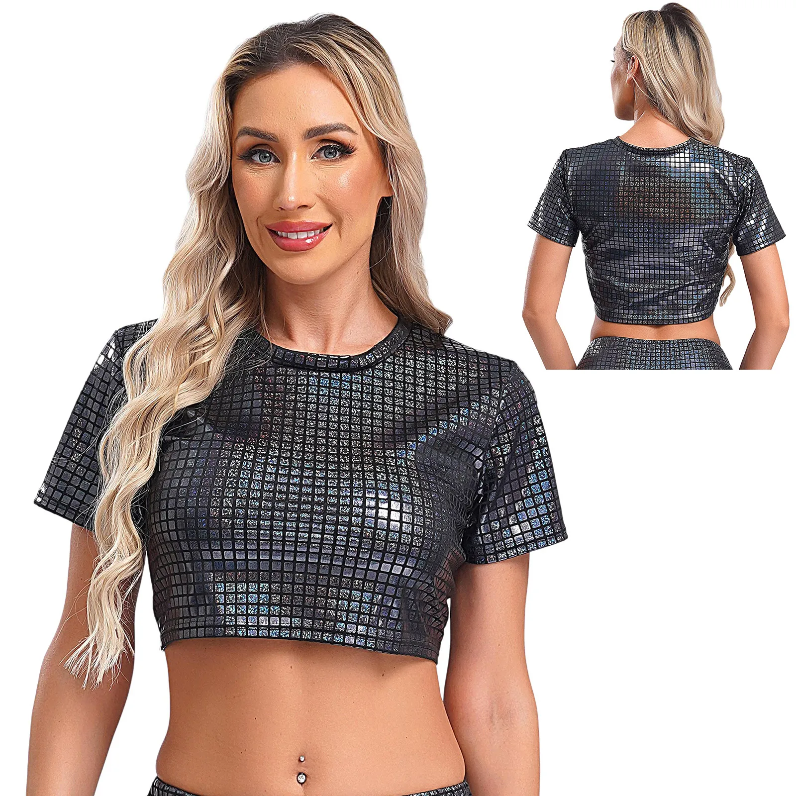 Camiseta de manga corta con cuello redondo para mujer, Top corto a cuadros metálico, ropa de baile en barra puesta en escena, disfraz de fiesta Rave