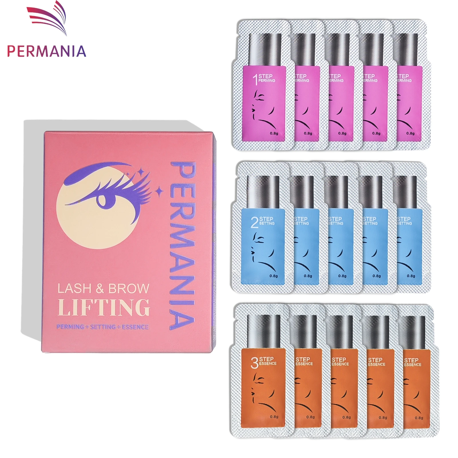 PERMANIA Kit de levantamiento de pestañas de 5-8 minutos, 15 Uds., loción de pasos separados para salón o hogar para permanente de pestañas y laminación de cejas sin herramienta