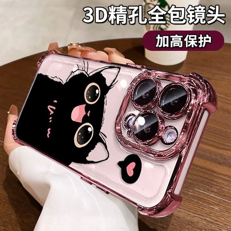 Love Black Cat Electroplate Shockproof Clear Armor Phone Case
