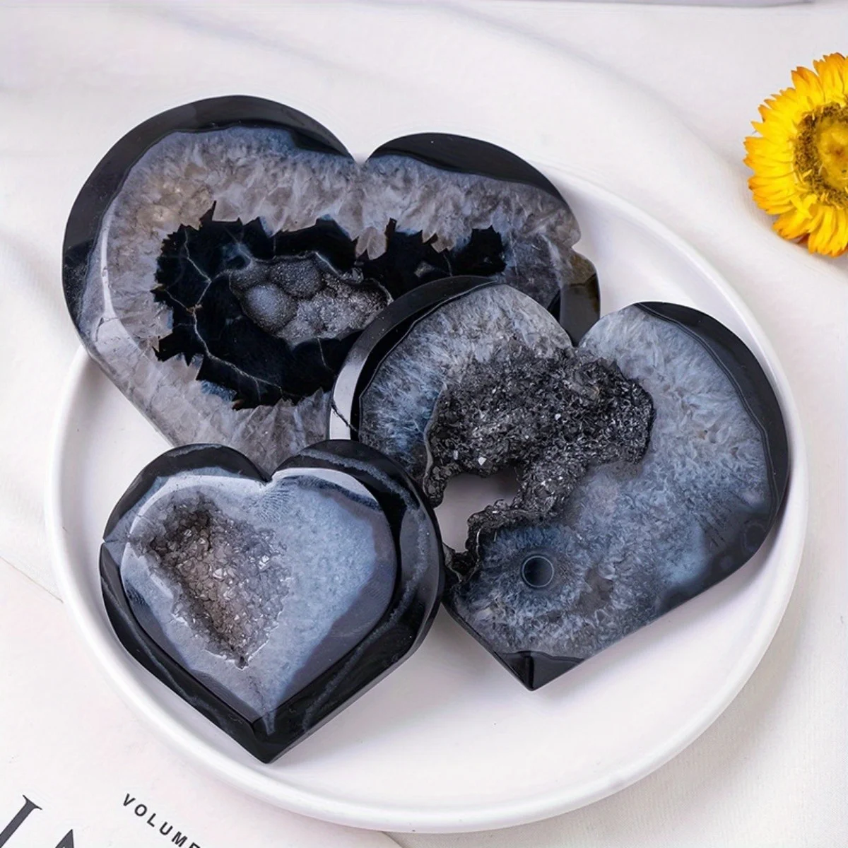 Black Agate Geode Heart Crystal - Natural Carved Palm Stone, Bohemian Home Decor, Love Pocket Gemstone for Crystal Collection 5