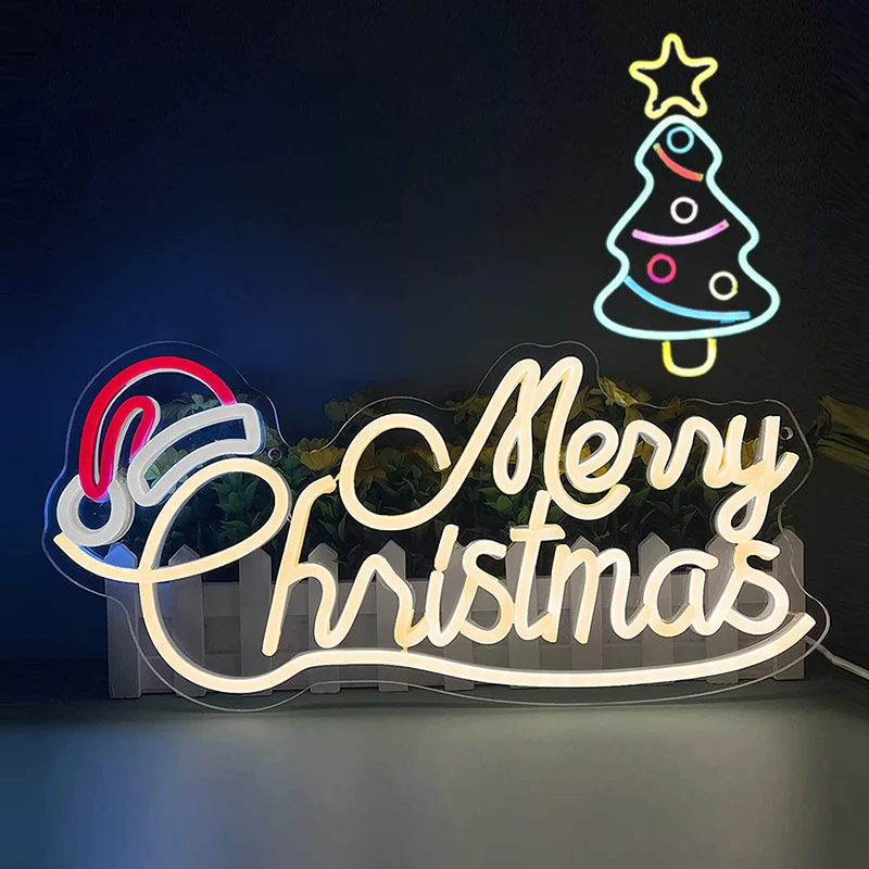 Merry Christmas Neon Light Sign LED Xmas Hat Modeling Lamp Decor Room