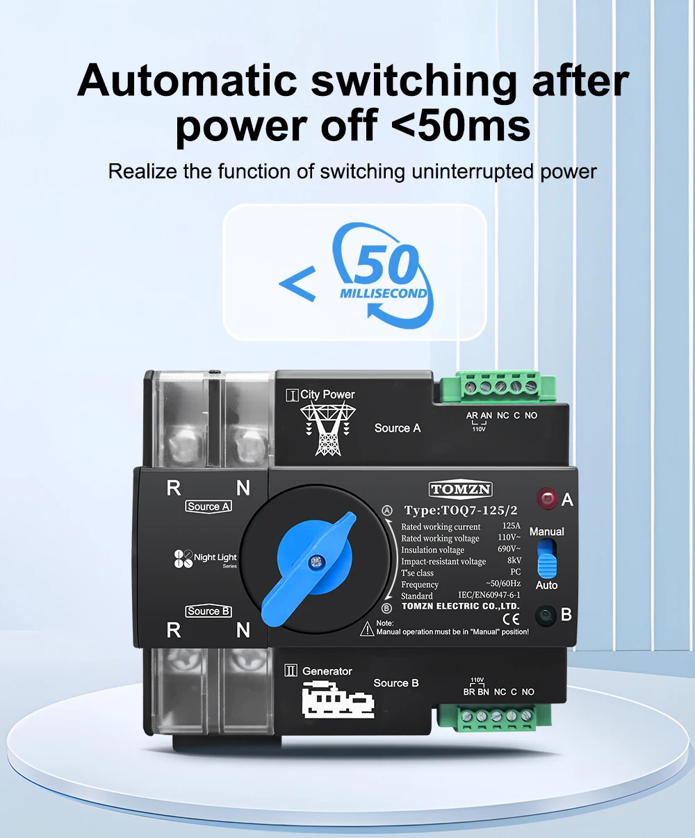 Din Rail ATS 110V 120V Dual Power Automatic Transfer Electrical Selector Switch